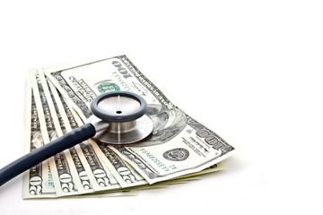 stethoscope and US dollar banknote on white background