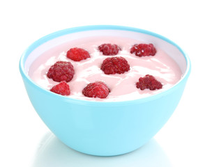 Yogurt with raspberries isolated on white