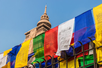 Prayer flags hanging in front of a temple, Varanasi, India