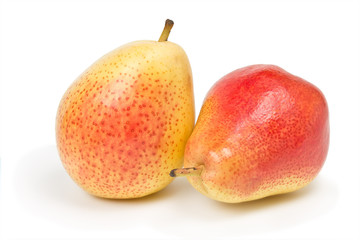 two ripe pears on white background