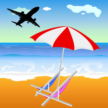 beach illustration with umbrella and chair and plane