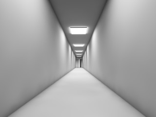 Long white corridor with the door at the end.