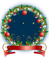 Christmas is round  frame with toys and Holly wreath.