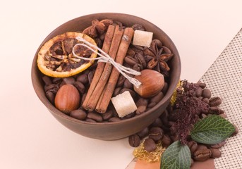 Coffee beans and cinnamon, nuts