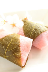 japanese confectionery, Pink Mochi with cherry blossom