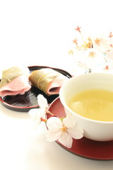 Japanese green tea and Mochi with cherry blossom
