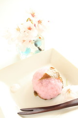 japanese confectionery, Pink Mochi with cherry blossom