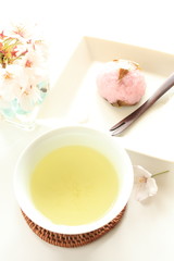 Japanese green tea and Mochi with cherry blossom