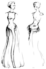 a sketch of beautiful girl is in a long beautiful evening dress