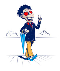 cartoon man with close umbrella