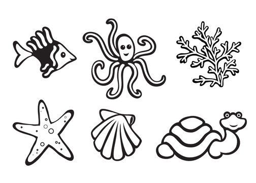 Sea animals isolated on white, set of icons