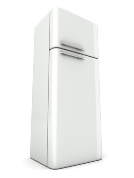 shiny modern white refrigerator on white background