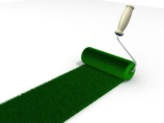 roller draws the road from the green grass on white background