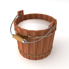 wooden bucket with milk on white background © VERSUSstudio