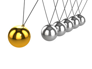 3d Newtons cradle gold ball swings closer
