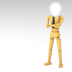 The wooden doll with light bulb head 3d illustration
