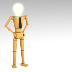 The wooden doll with light bulb head 3d illustration