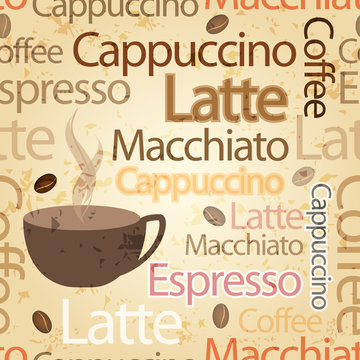 Seamless, vintage coffee themed typography background