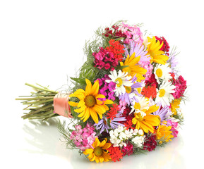 beautiful bouquet of bright  wildflowers, isolated on white
