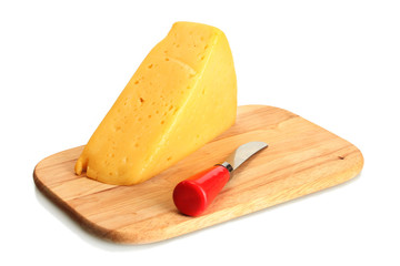 tasty cheese and knife on wooden cutting board isolated on