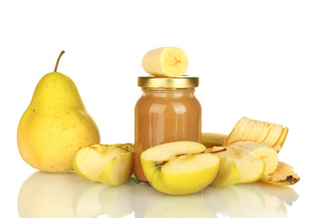 Jar with fruit baby food isolated on white