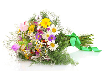 beautiful bouquet of bright  wildflowers, isolated on white