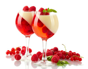 fruit jelly with raspberries in glasses isolated on white