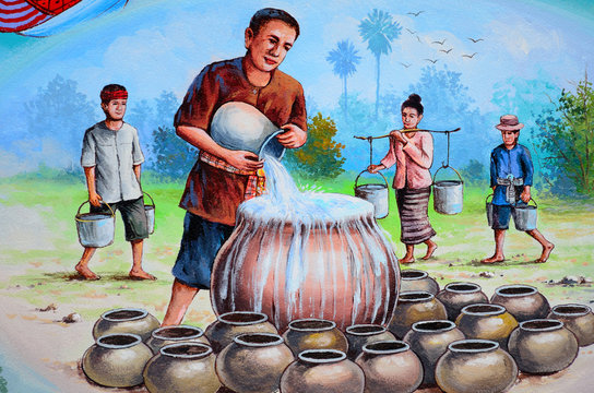 CHIANG MAI, THAILAND - JUN 2: Old urban life painting art on tem