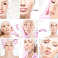 A collage of images with young woman on a botox procedure