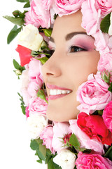 beauty portrait of beautiful young female face with flower roses