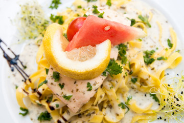 pasta and smoked salmon with tomato
