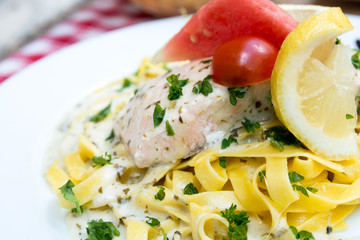 pasta and smoked salmon with tomato