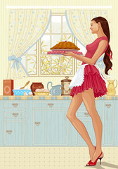 Obraz premium Woman holding a tray of freshly baked cake in the kitchen