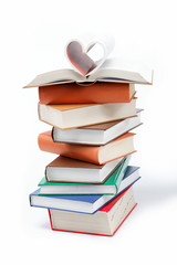 A stack of books on a white background.