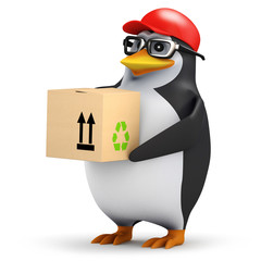 3d Penguin in baseball hat delivers parcel