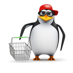 3d Penguin in baseball hat goes shopping