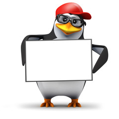 3d Penguin in baseball hat holds blank sign