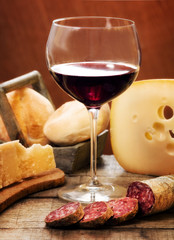 red wine with dairy products and salami