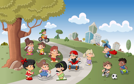 Cute happy cartoon kids playing in green park