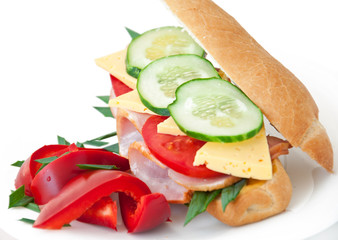 Healthy ham sandwich with cheese, tomatoes and green onions