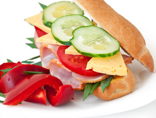 Healthy ham sandwich with cheese, tomatoes and green onions