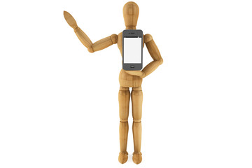 Wooden dummy with mobile smartphone