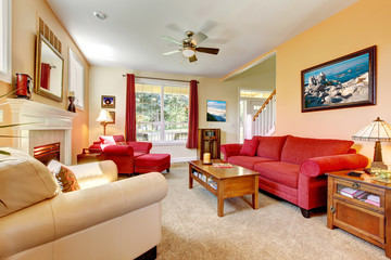 Peach and red beautiful living room interior with fireplace.