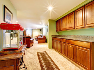 Basement interior with cabinets and green walls.