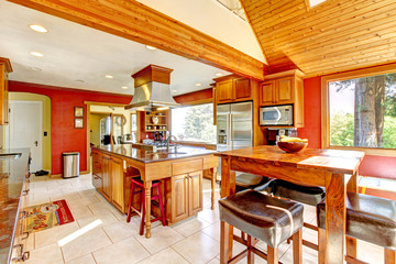 Large kitchen with red walls and wood vaulted ceiling.