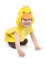 ittle funny boy in chicken costume