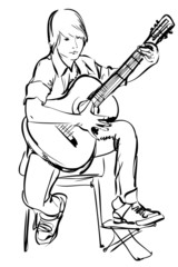 un croquis de garçon jouant de la guitare sur fond blanc
