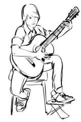 Cercles muraux Groupe de musique un croquis de garçon jouant de la guitare sur fond blanc