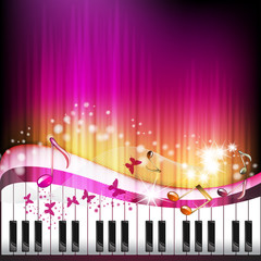 Piano keys with butterflies and stars