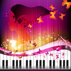 Piano keys with portrait woman, butterflies and stars